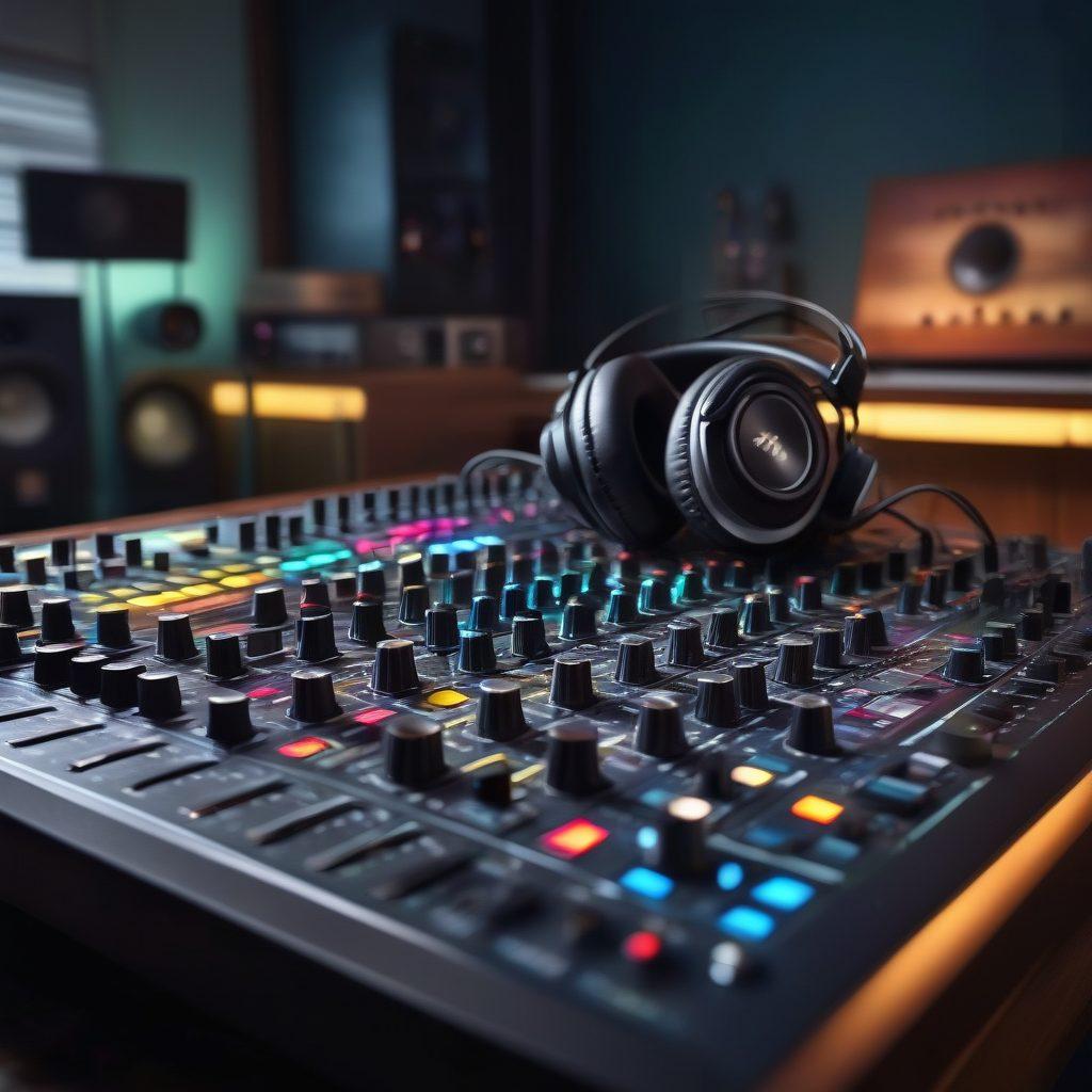 An intricate audio mixing console surrounded by colorful sound wave graphics, headphones elegantly draped over a microphone, and musical notes floating in the air. The background features a dreamy studio ambiance with soft lighting and creative sound equipment. super-realistic. vibrant colors. warm tones.