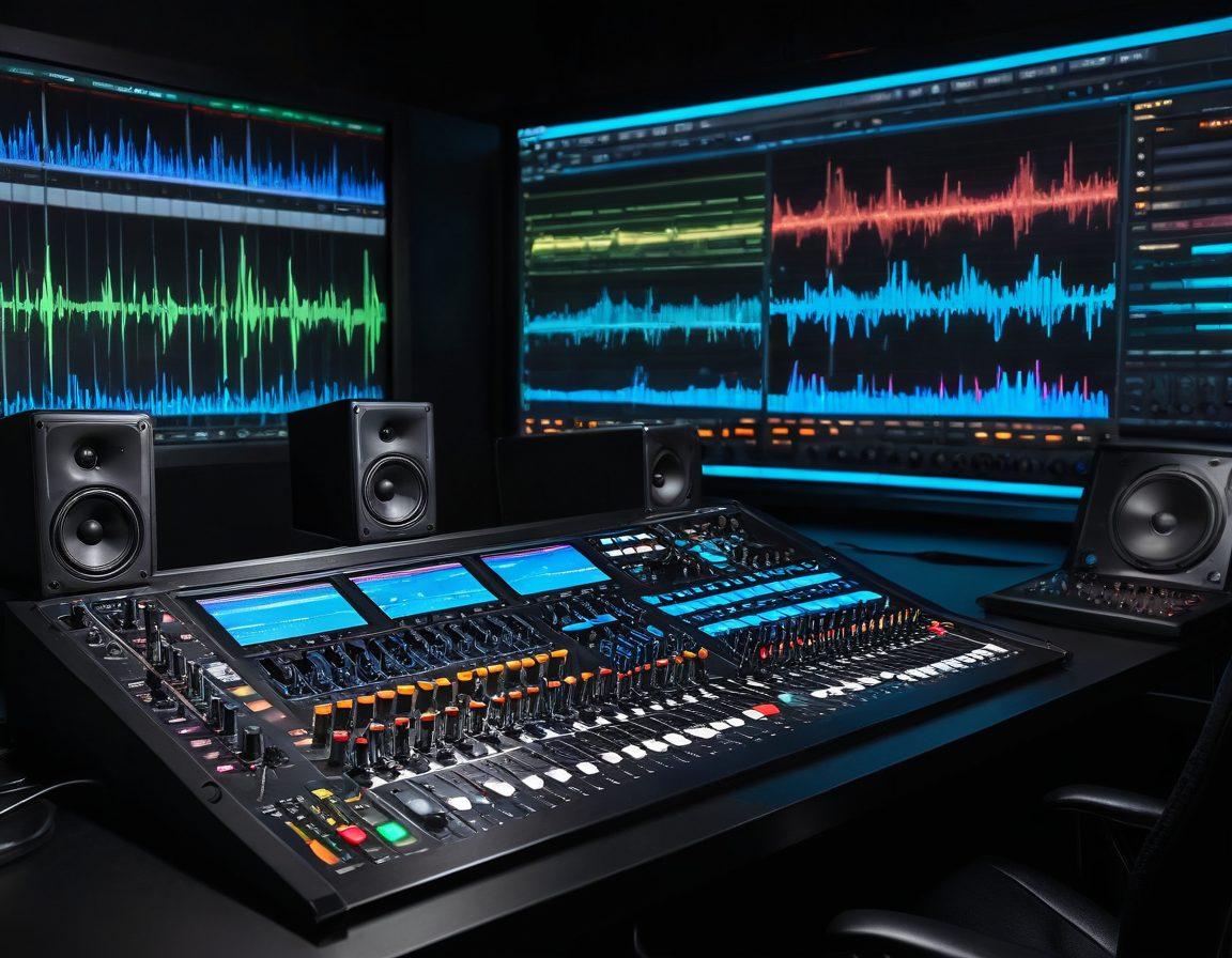 A dynamic audio mixing setup showcasing vibrant sound waves emanating from a high-tech digital audio workstation, with colorful equalizer bars and sound plugins displayed. Surrounding the workstation, instruments like a guitar and microphone are elegantly arranged, symbolizing the recording process. A glowing sound mixer controls the atmosphere, creating a harmonious blend of art and technology. super-realistic. vibrant colors.