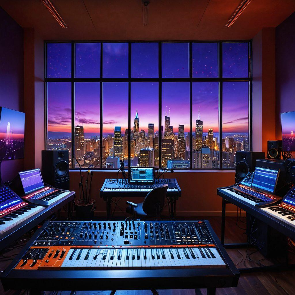 A dynamic music studio scene showcasing a variety of high-tech equipment like synthesizers, mixing consoles, and microphones, with a creative individual passionately working on music production. The environment should reflect a vibrant and inspirational atmosphere, with colorful LED lights and sound waves visually emanating from the equipment. Include a window view of a city's skyline at dusk for added depth. super-realistic. vibrant colors. 3D.